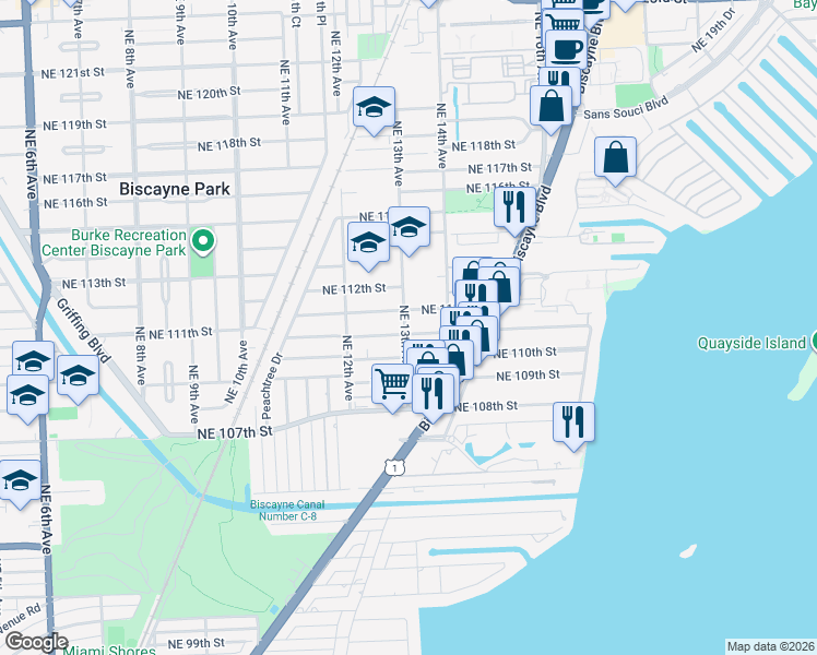 map of restaurants, bars, coffee shops, grocery stores, and more near 1284 Northeast 111th Street in Miami