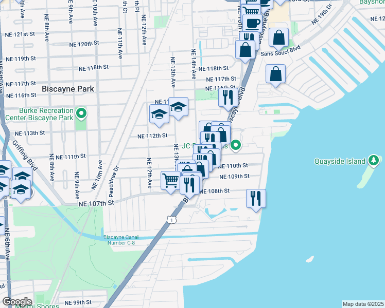 map of restaurants, bars, coffee shops, grocery stores, and more near 1350 Northeast 111th Street in Miami
