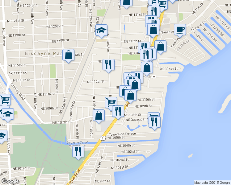 map of restaurants, bars, coffee shops, grocery stores, and more near 1350 Northeast 111th Street in Miami