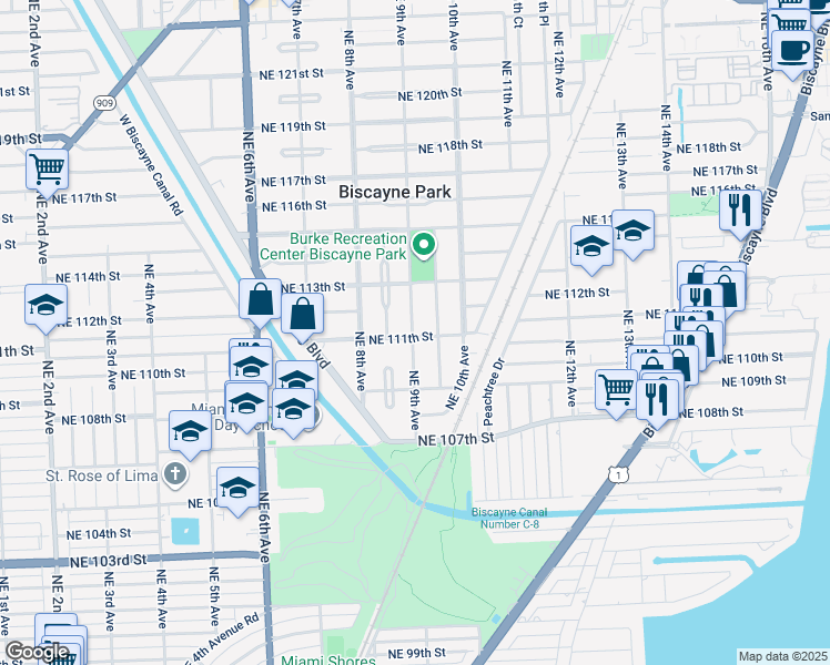 map of restaurants, bars, coffee shops, grocery stores, and more near 11103 Northeast 9th Avenue in Biscayne Park