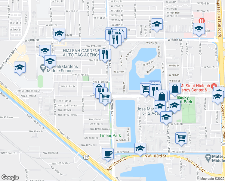 map of restaurants, bars, coffee shops, grocery stores, and more near 101 West 61st Street in Hialeah