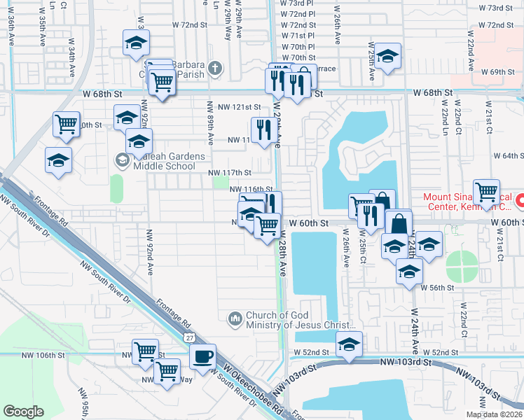 map of restaurants, bars, coffee shops, grocery stores, and more near 11500 Northwest 87th Court in Hialeah Gardens