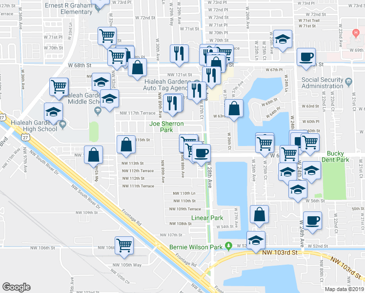map of restaurants, bars, coffee shops, grocery stores, and more near 11504 Northwest 88th Avenue in Hialeah