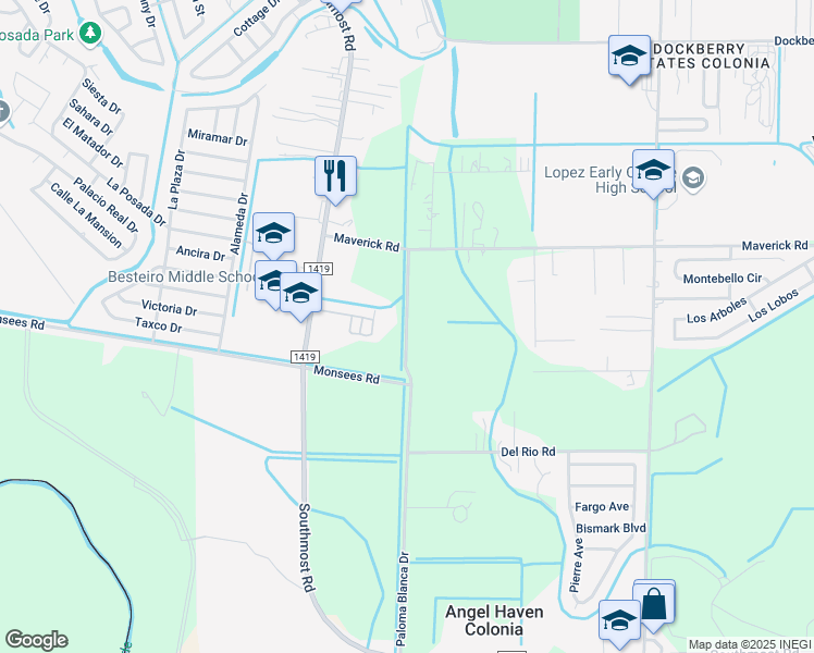 map of restaurants, bars, coffee shops, grocery stores, and more near 3564 Paloma Blanca Drive in Brownsville