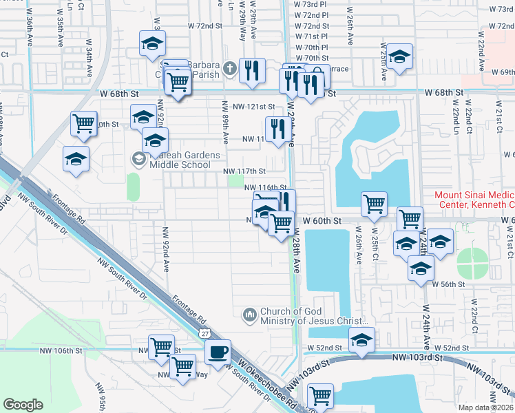 map of restaurants, bars, coffee shops, grocery stores, and more near 11504 Northwest 88th Avenue in Hialeah