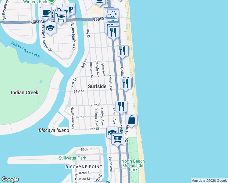 map of restaurants, bars, coffee shops, grocery stores, and more near 409 91st Street in Surfside