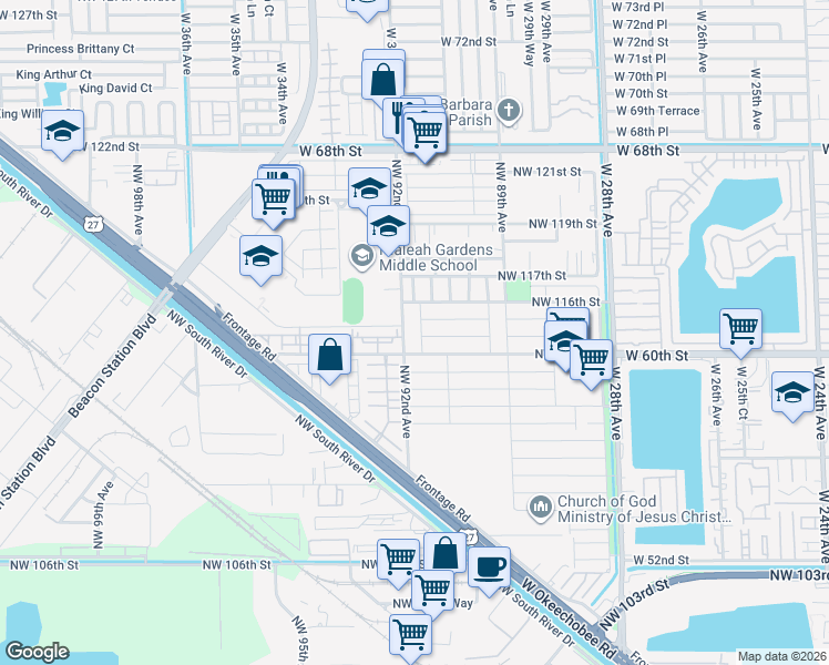 map of restaurants, bars, coffee shops, grocery stores, and more near 11479 Northwest 92nd Avenue in Hialeah