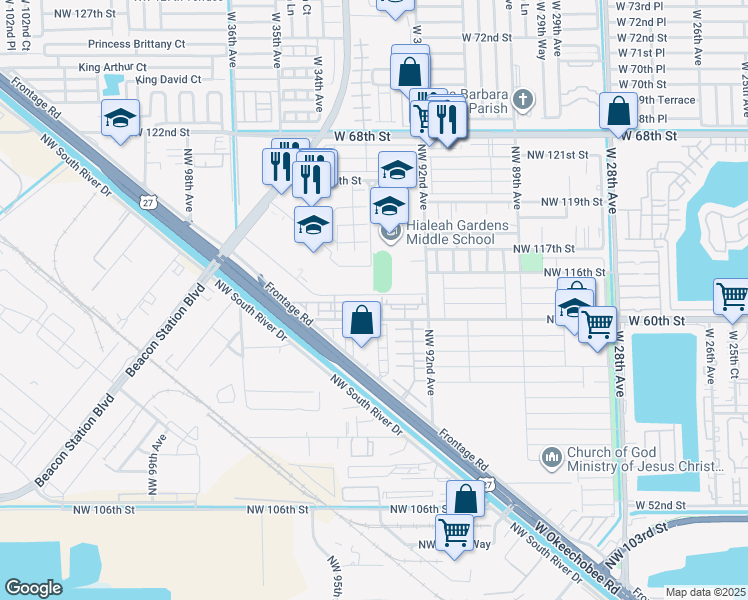 map of restaurants, bars, coffee shops, grocery stores, and more near 9251 Northwest 114th Street in Hialeah Gardens