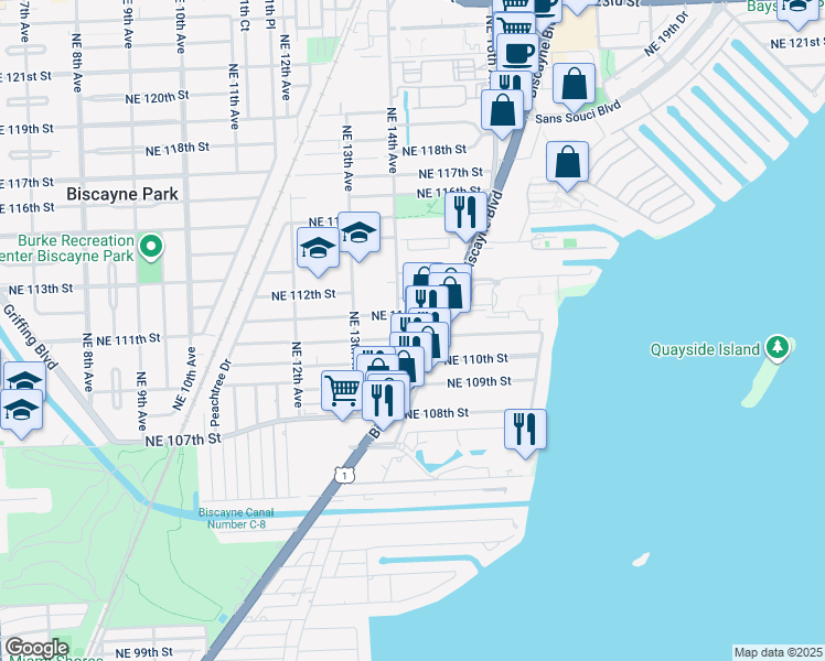 map of restaurants, bars, coffee shops, grocery stores, and more near 1437 Northeast 110th Terrace in Miami