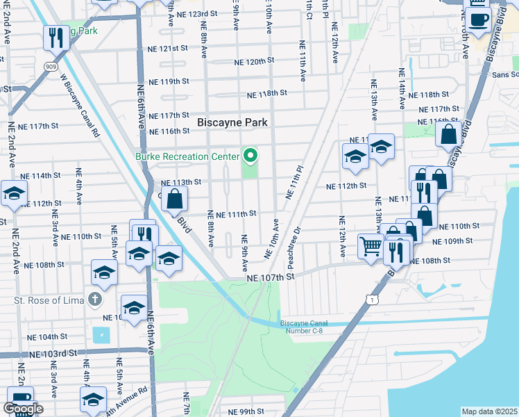 map of restaurants, bars, coffee shops, grocery stores, and more near 11103 Northeast 9th Avenue in Biscayne Park
