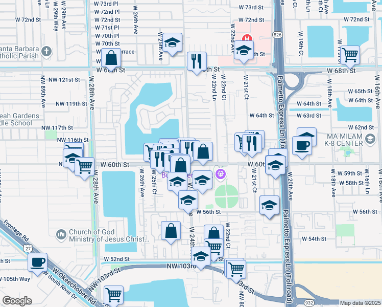 map of restaurants, bars, coffee shops, grocery stores, and more near 6121 West 24th Avenue in Hialeah