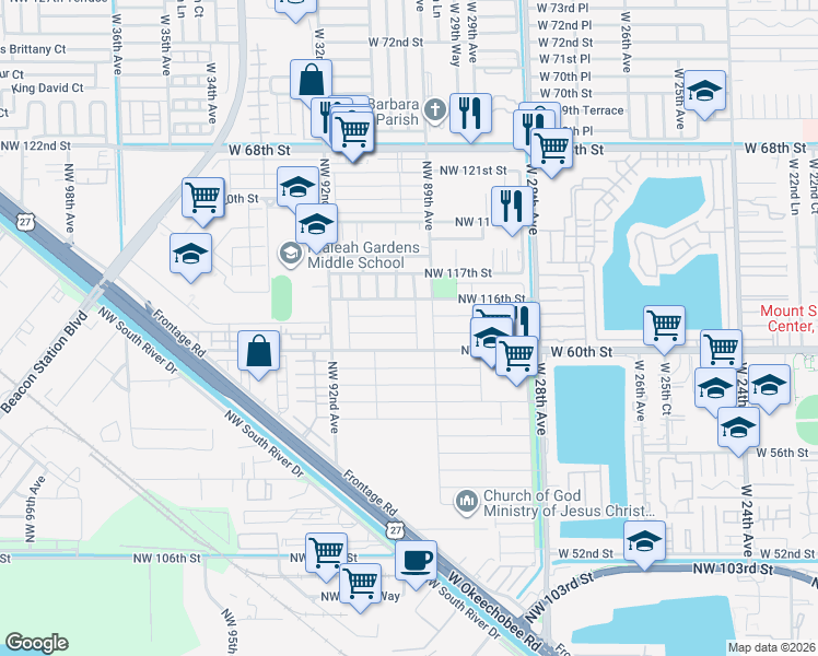 map of restaurants, bars, coffee shops, grocery stores, and more near 8996 Northwest 115th Street in Hialeah Gardens