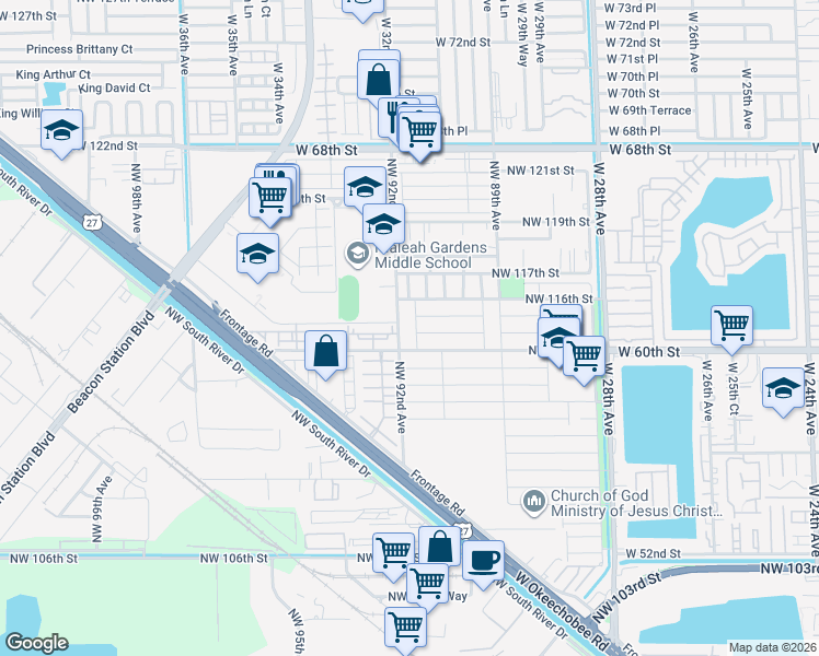 map of restaurants, bars, coffee shops, grocery stores, and more near 11479 Northwest 92nd Avenue in Hialeah