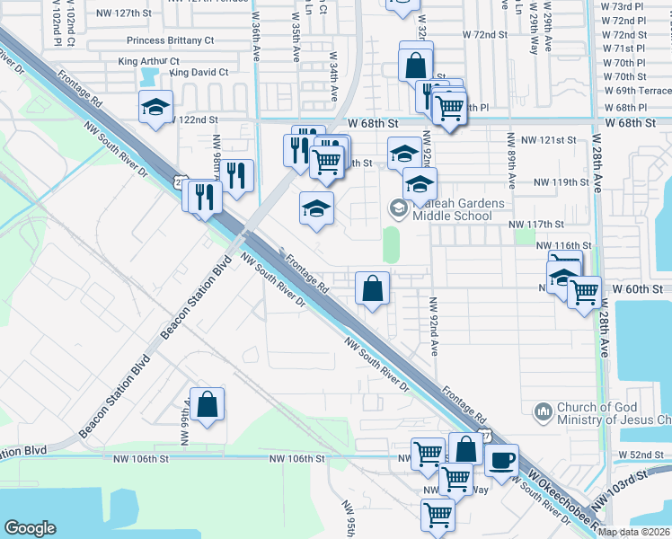 map of restaurants, bars, coffee shops, grocery stores, and more near 9453 114th Lane in Hialeah Gardens