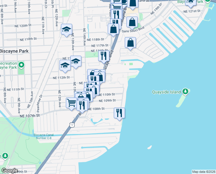 map of restaurants, bars, coffee shops, grocery stores, and more near 1595 Northeast 110th Terrace in Miami