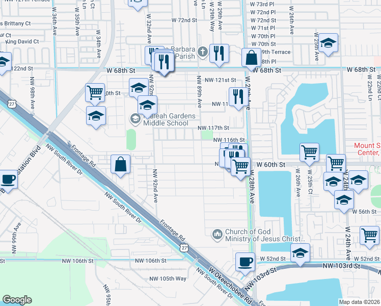 map of restaurants, bars, coffee shops, grocery stores, and more near 8996 Northwest 115th Street in Hialeah Gardens
