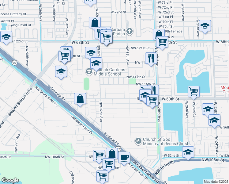 map of restaurants, bars, coffee shops, grocery stores, and more near 9062 Northwest 115th Street in Hialeah Gardens