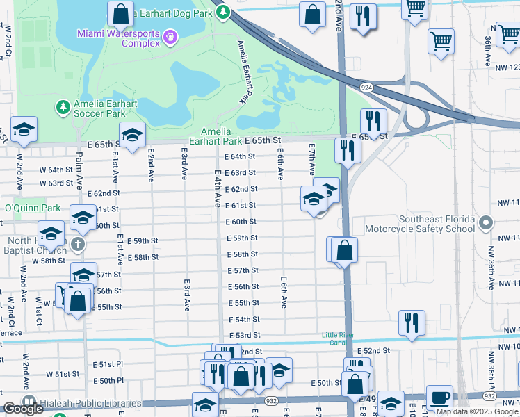 map of restaurants, bars, coffee shops, grocery stores, and more near 530 East 61st Street in Hialeah
