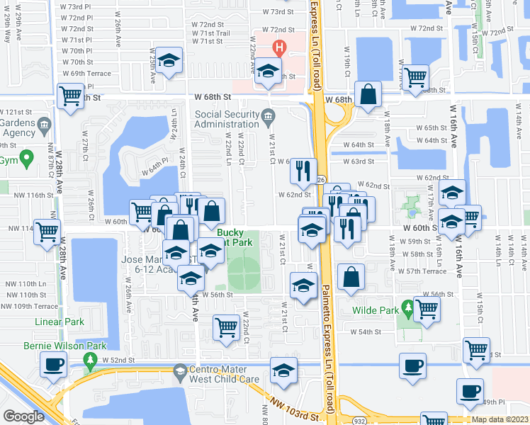 map of restaurants, bars, coffee shops, grocery stores, and more near 6130 West 21st Court in Hialeah