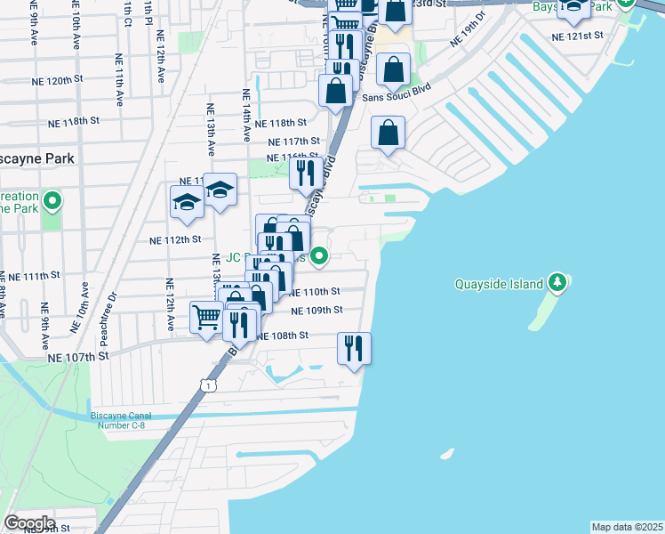 map of restaurants, bars, coffee shops, grocery stores, and more near 1595 Northeast 110th Terrace in Miami