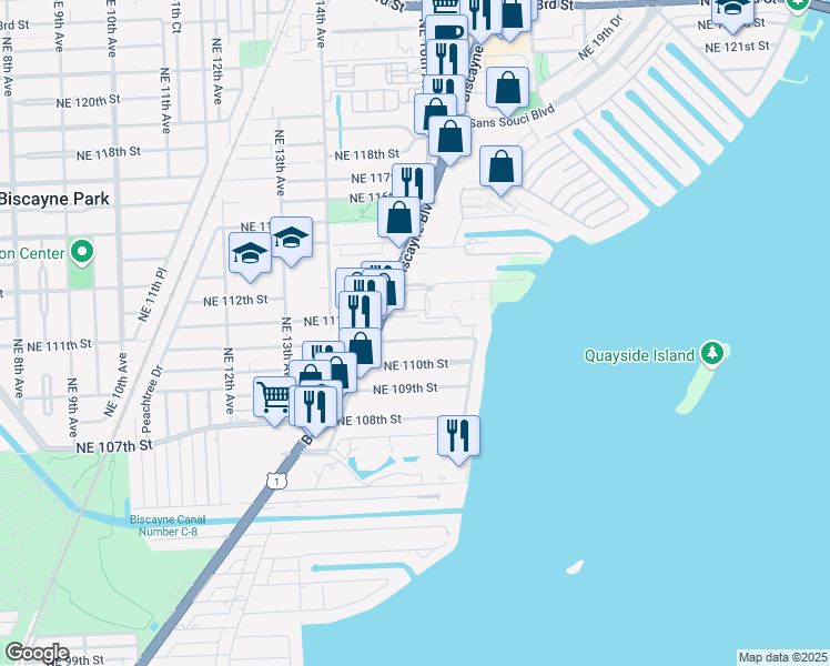 map of restaurants, bars, coffee shops, grocery stores, and more near 1595 Northeast 110th Terrace in Miami