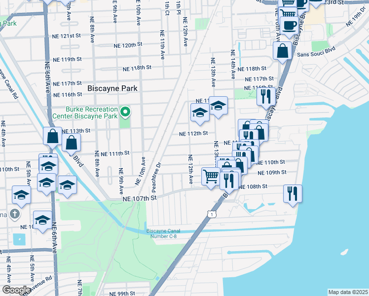 map of restaurants, bars, coffee shops, grocery stores, and more near 1140 Northeast 111th Street in Miami