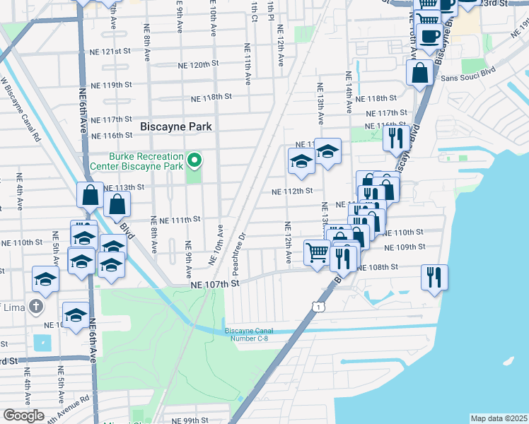 map of restaurants, bars, coffee shops, grocery stores, and more near 1140 Northeast 111th Street in Miami