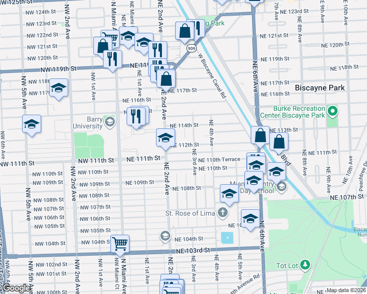 map of restaurants, bars, coffee shops, grocery stores, and more near 255 Northeast 112th Street in Miami