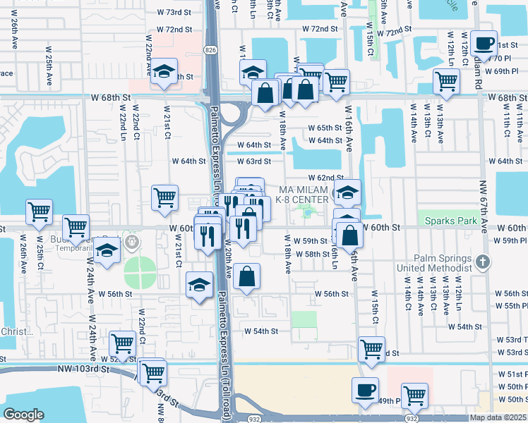 map of restaurants, bars, coffee shops, grocery stores, and more near 6055 West 19th Avenue in Hialeah