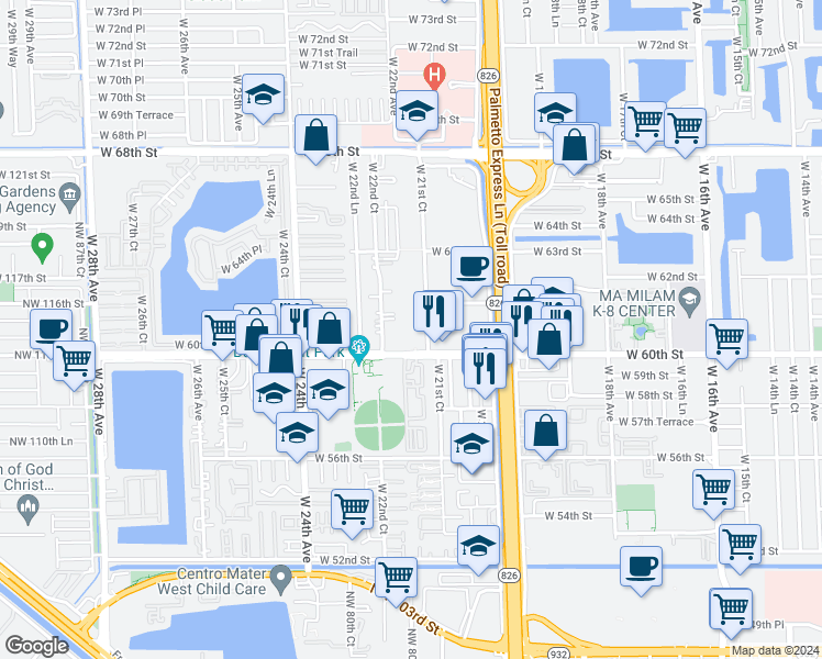 map of restaurants, bars, coffee shops, grocery stores, and more near 6130 West 21st Court in Hialeah