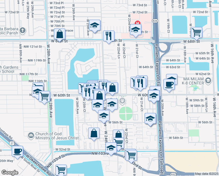 map of restaurants, bars, coffee shops, grocery stores, and more near 6121 West 24th Avenue in Hialeah