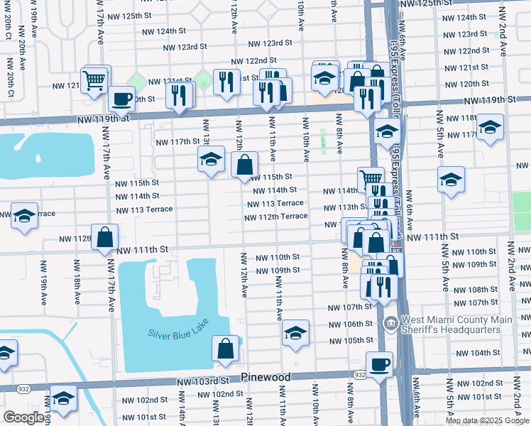 map of restaurants, bars, coffee shops, grocery stores, and more near 1133 Northwest 112th Terrace in Miami