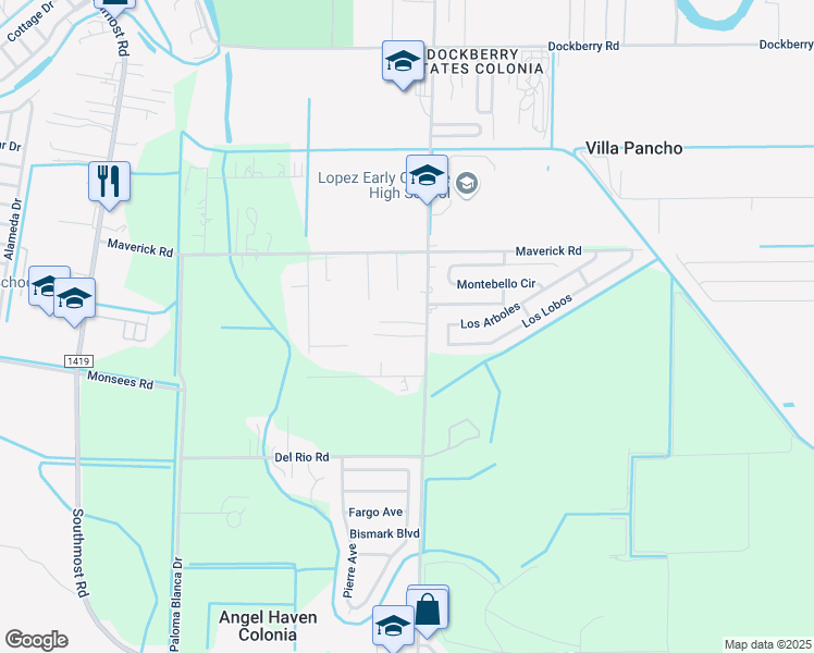 map of restaurants, bars, coffee shops, grocery stores, and more near 3440 South Dakota Avenue in Brownsville