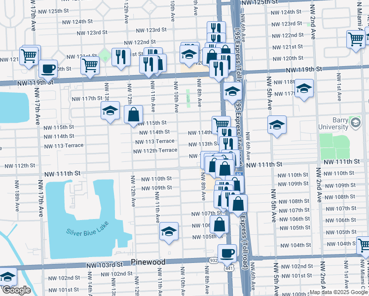 map of restaurants, bars, coffee shops, grocery stores, and more near 878 Northwest 113th Street in Miami
