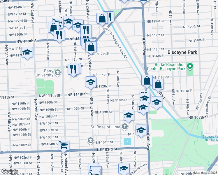 map of restaurants, bars, coffee shops, grocery stores, and more near 300 Northeast 112th Street in Miami
