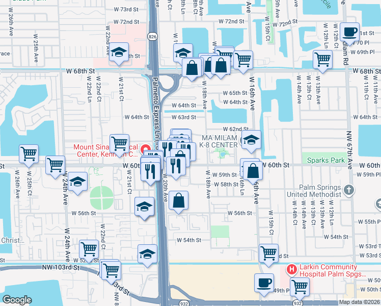 map of restaurants, bars, coffee shops, grocery stores, and more near 6055 West 19th Avenue in Hialeah