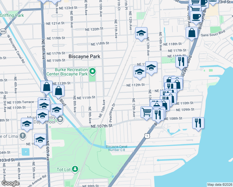 map of restaurants, bars, coffee shops, grocery stores, and more near 11080 Peachtree Drive in North Miami
