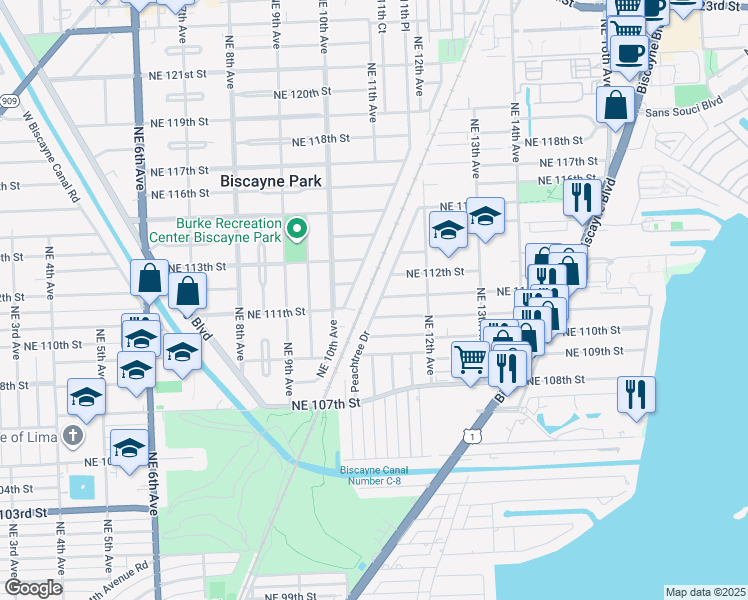 map of restaurants, bars, coffee shops, grocery stores, and more near 11080 Peachtree Drive in North Miami