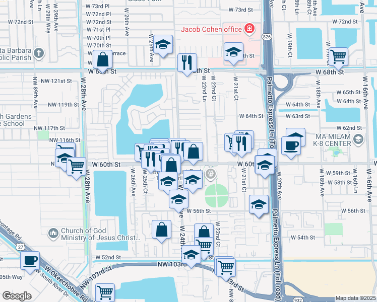map of restaurants, bars, coffee shops, grocery stores, and more near 6121 West 24th Avenue in Hialeah