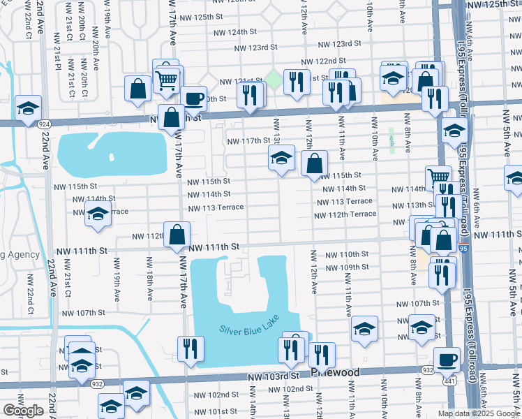map of restaurants, bars, coffee shops, grocery stores, and more near 1350 Northwest 113 Terrace in Miami