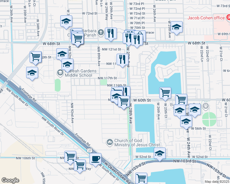 map of restaurants, bars, coffee shops, grocery stores, and more near 11504 Northwest 88th Avenue in Hialeah