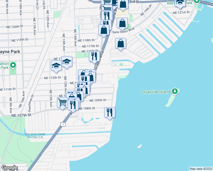 map of restaurants, bars, coffee shops, grocery stores, and more near 1595 Northeast 110th Terrace in Miami