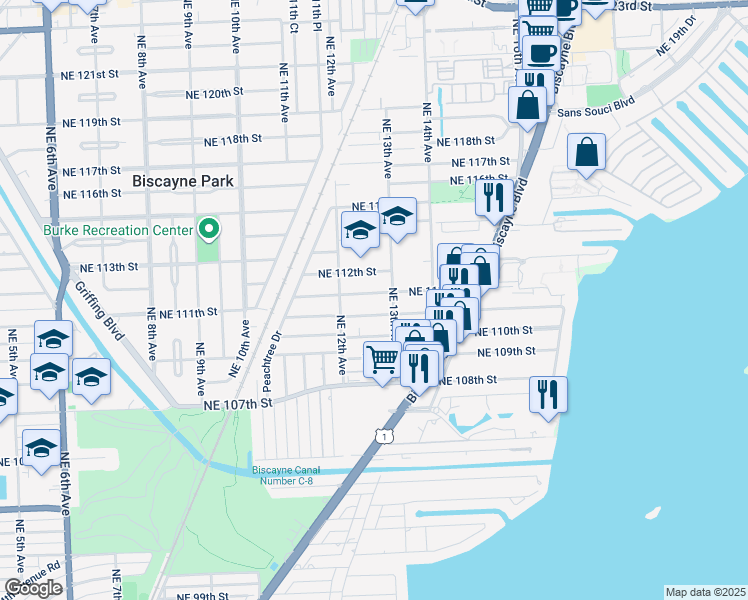 map of restaurants, bars, coffee shops, grocery stores, and more near 1284 Northeast 111th Street in Miami