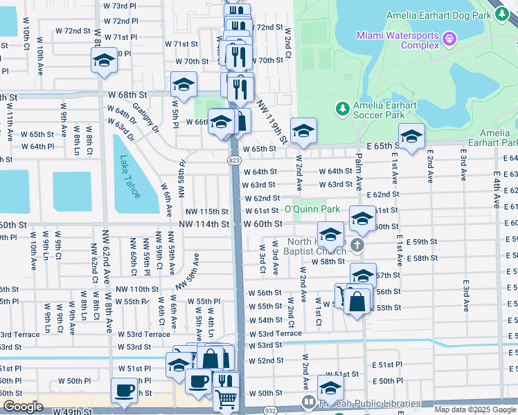 map of restaurants, bars, coffee shops, grocery stores, and more near 275 West 61st Street in Hialeah