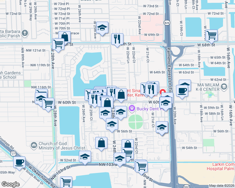 map of restaurants, bars, coffee shops, grocery stores, and more near 6121 West 24th Avenue in Hialeah