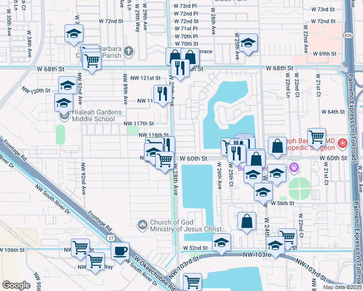 map of restaurants, bars, coffee shops, grocery stores, and more near 101 West 61st Street in Hialeah
