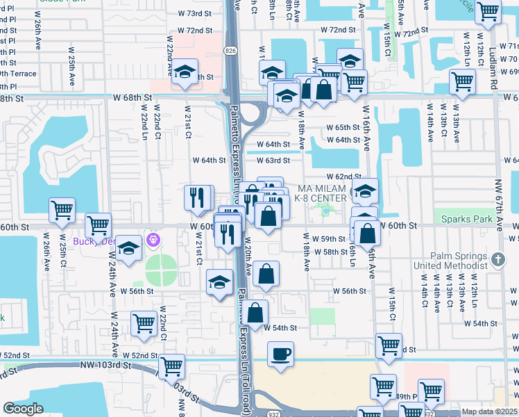 map of restaurants, bars, coffee shops, grocery stores, and more near 1955 West 60th Street in Hialeah