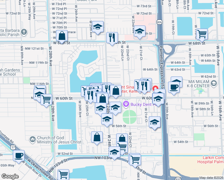 map of restaurants, bars, coffee shops, grocery stores, and more near 6121 West 24th Avenue in Hialeah