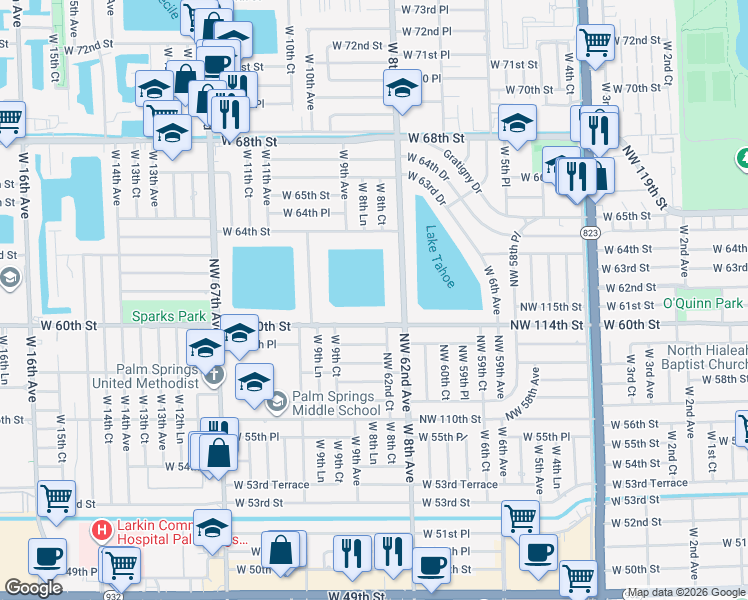 map of restaurants, bars, coffee shops, grocery stores, and more near 899 West 60th Street in Hialeah