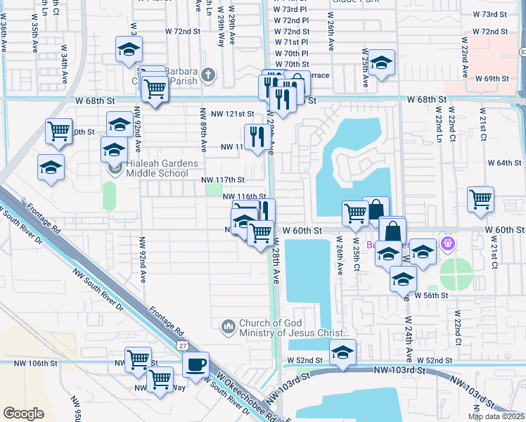 map of restaurants, bars, coffee shops, grocery stores, and more near 11500 Northwest 87th Court in Hialeah Gardens